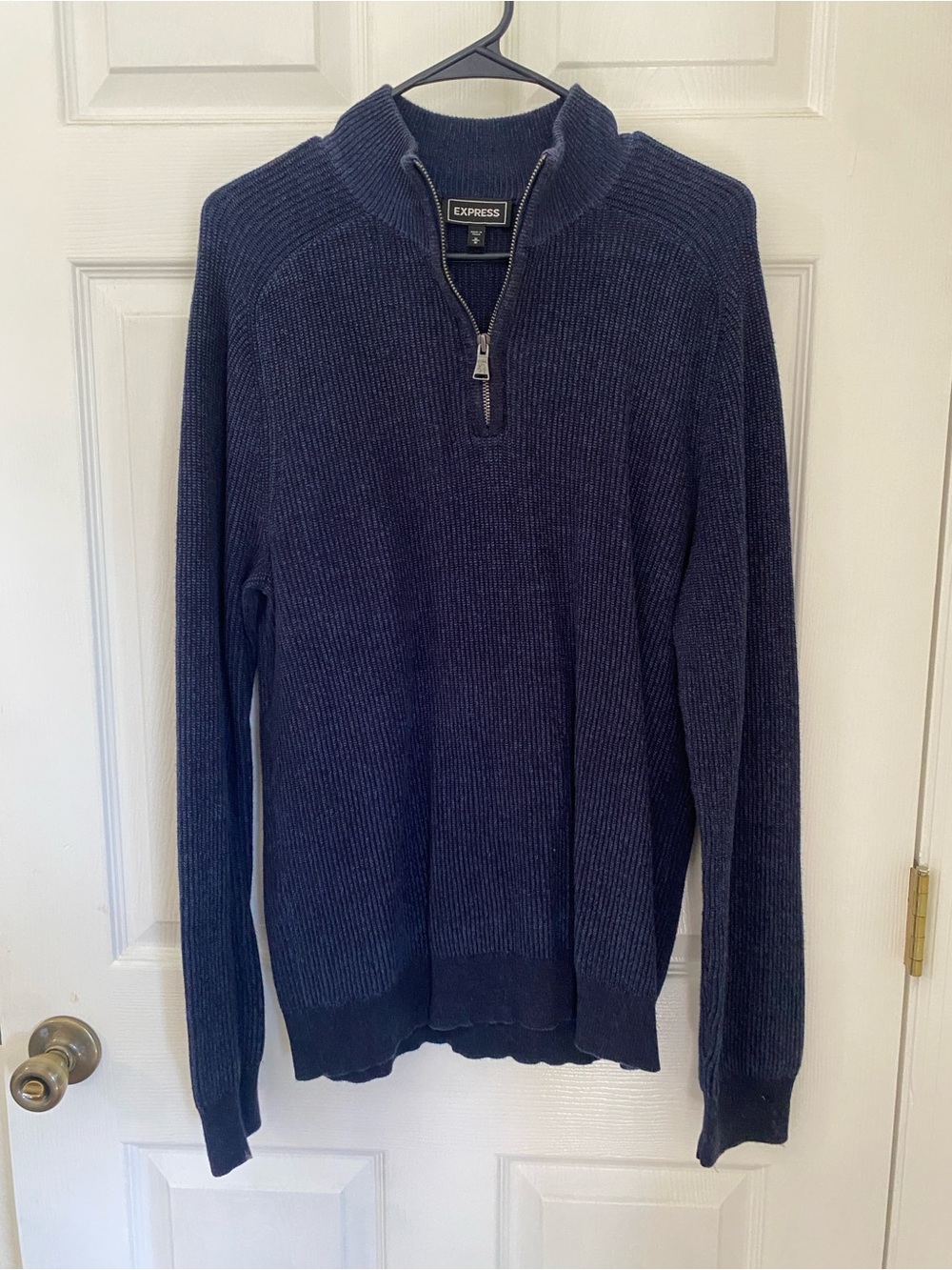 Express Men's Dark Navy Half-Zip Ribbed Sweater in Medium